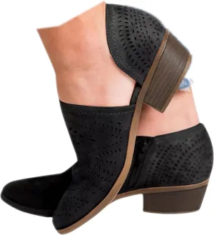 SACFOF Women's Ankle Boots Casual Cutout Booties Chunky Stacked Heel Perforated Side V Cut Western Shoes Slip-on Short Boots