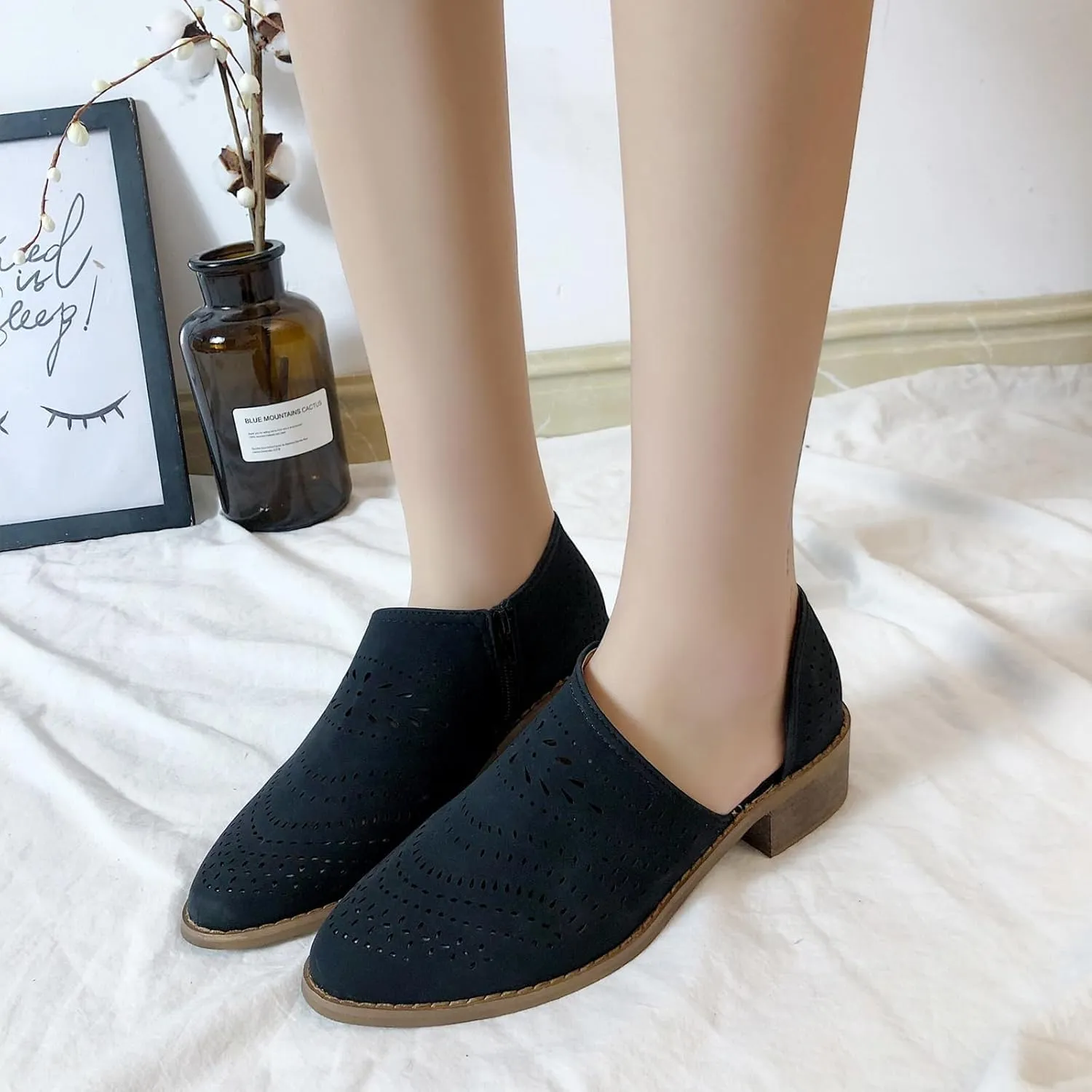 SACFOF Women's Ankle Boots Casual Cutout Booties Chunky Stacked Heel Perforated Side V Cut Western Shoes Slip-on Short Boots
