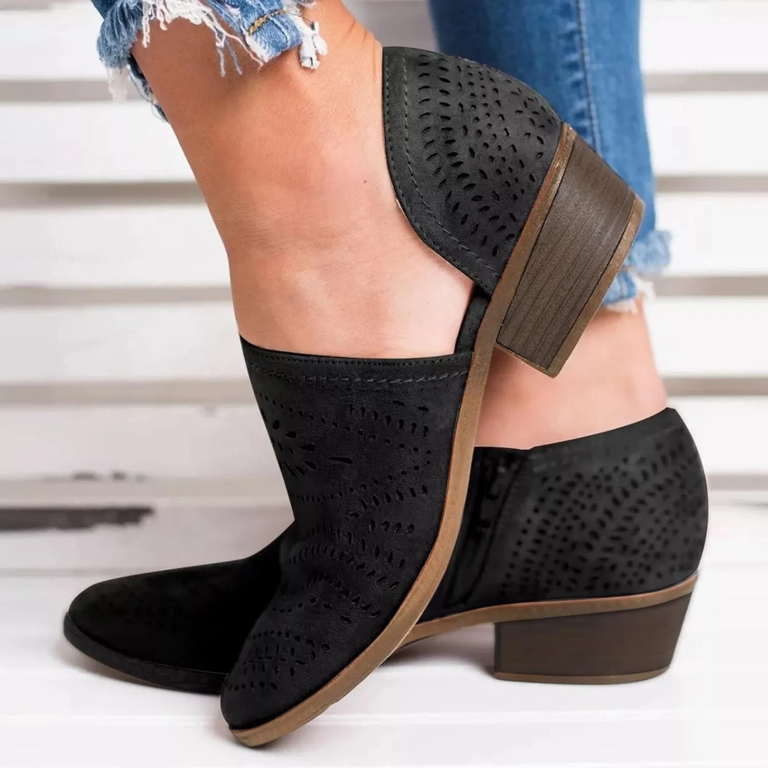 SACFOF Women's Ankle Boots Casual Cutout Booties Chunky Stacked Heel Perforated Side V Cut Western Shoes Slip-on Short Boots