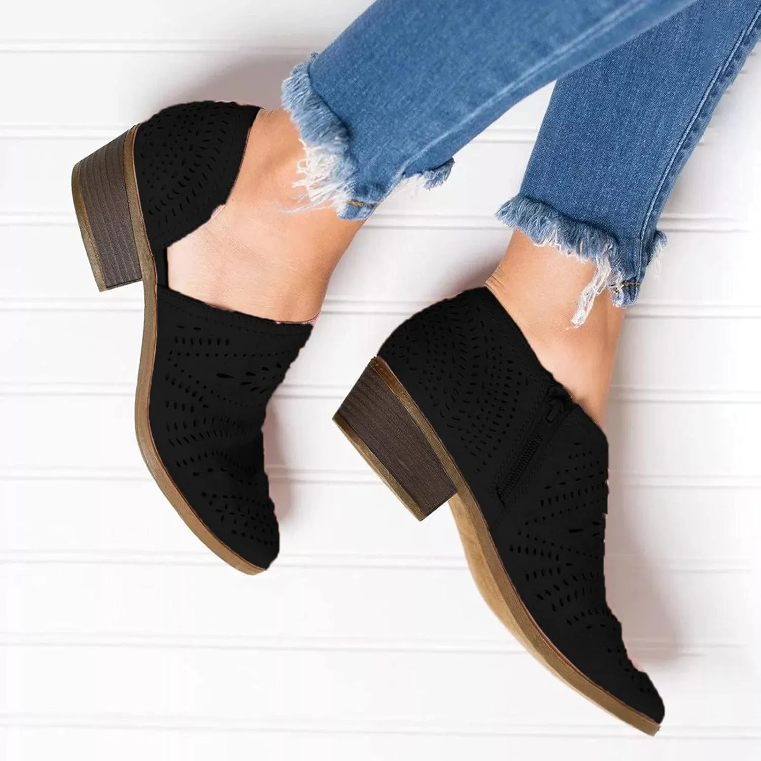 SACFOF Women's Ankle Boots Casual Cutout Booties Chunky Stacked Heel Perforated Side V Cut Western Shoes Slip-on Short Boots
