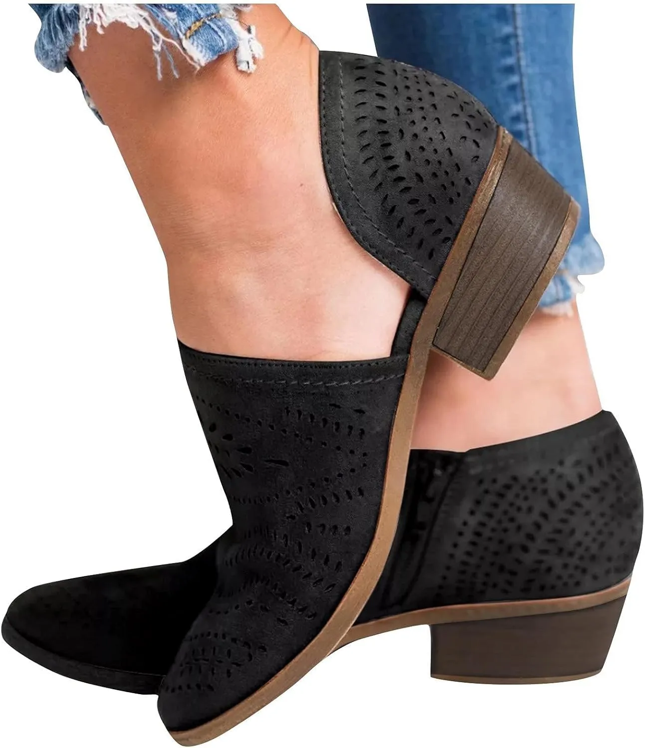 SACFOF Women's Ankle Boots Casual Cutout Booties Chunky Stacked Heel Perforated Side V Cut Western Shoes Slip-on Short Boots