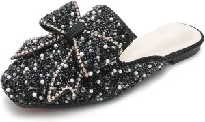 SAFECAMS Women's Rhinestone Bow Flat Mules Comfortable Square Toe Slip on Penny Loafers Ladies Baotou Clogs Half Slides Mules