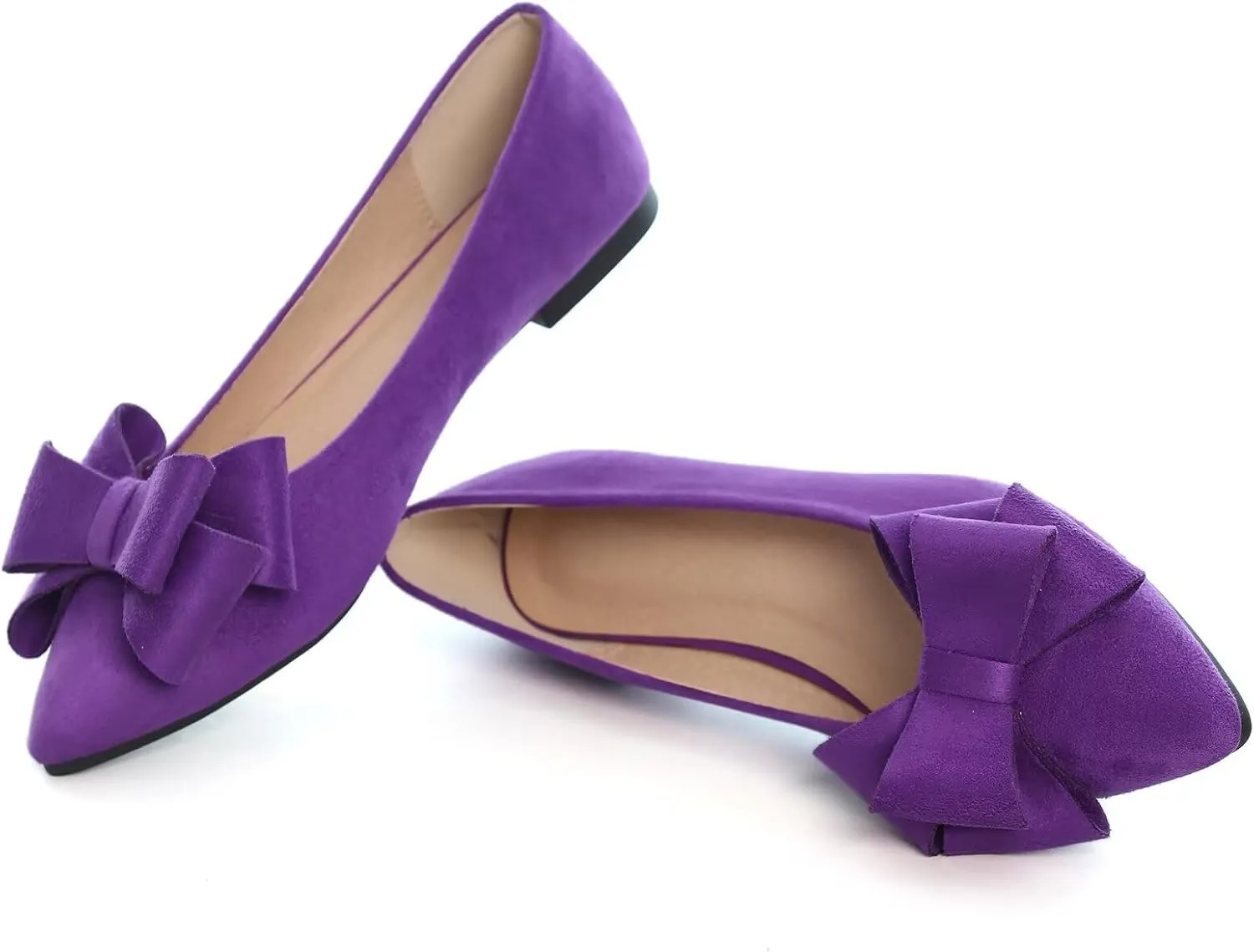 SAILING LU Bowknot Ballet Flats Womens Pointy Toe Casual Flat Shoes Suede Dress Shoes Wear to Work Slip On Moccasins