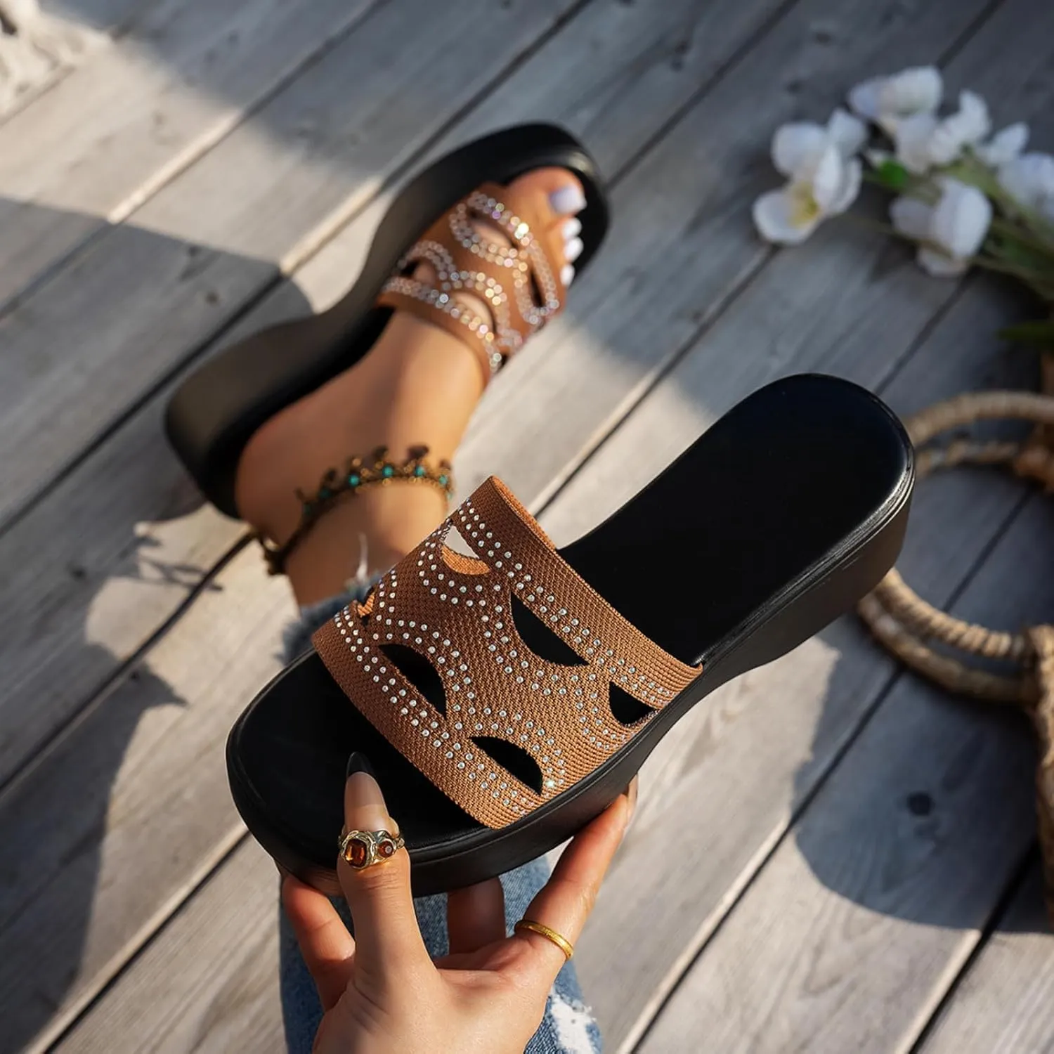 Sandals for Women 2025 Dressy Open Toe Platform Slides Sandals Cut Out Slip On Wedge Sandal Comfort Soft Sole Outdoor Beach Slipper