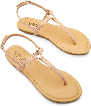 SANDALUP Thong Flat Sandals with Ring Metal and Adjustable Ankle Buckle for Women Summer