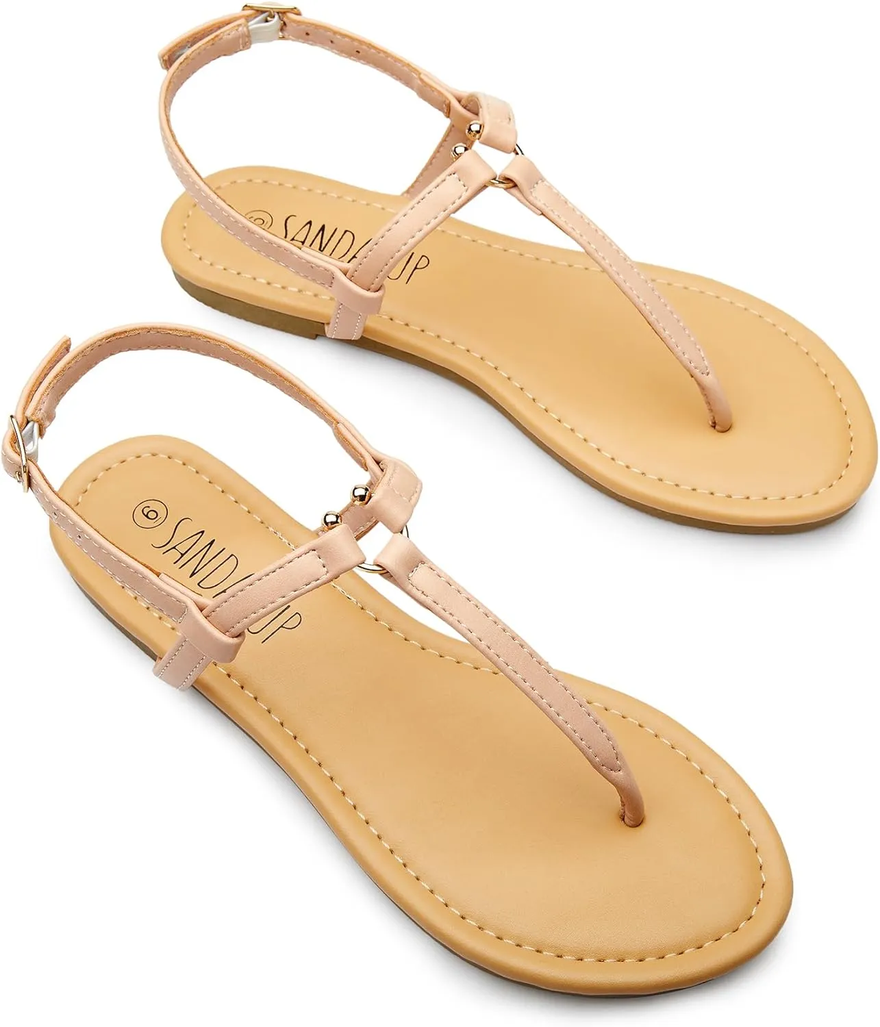 SANDALUP Thong Flat Sandals with Ring Metal and Adjustable Ankle Buckle for Women Summer