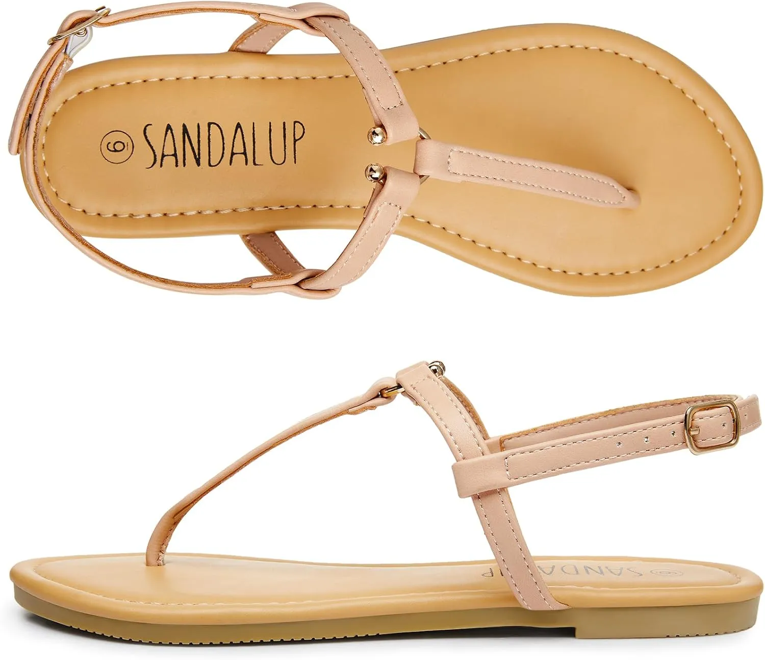 SANDALUP Thong Flat Sandals with Ring Metal and Adjustable Ankle Buckle for Women Summer