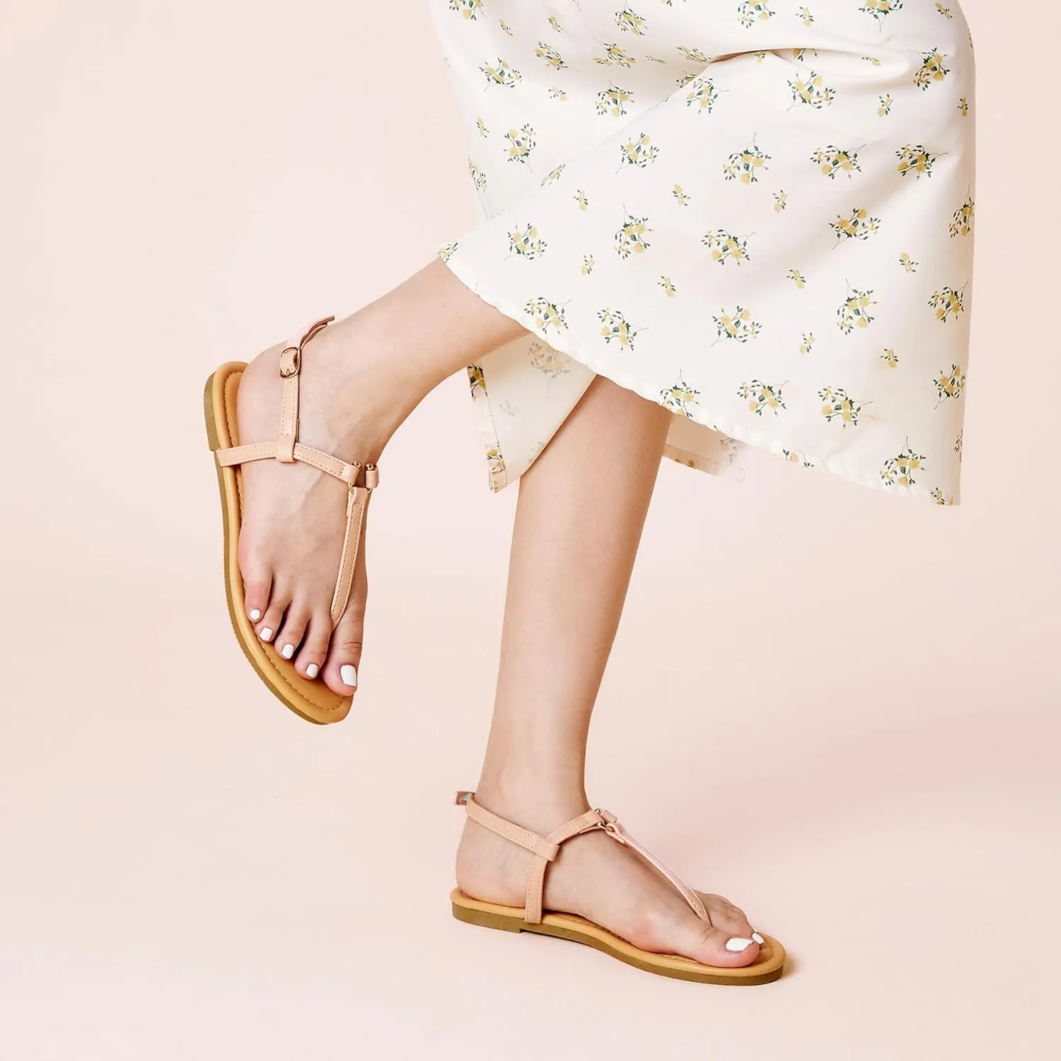 SANDALUP Thong Flat Sandals with Ring Metal and Adjustable Ankle Buckle for Women Summer