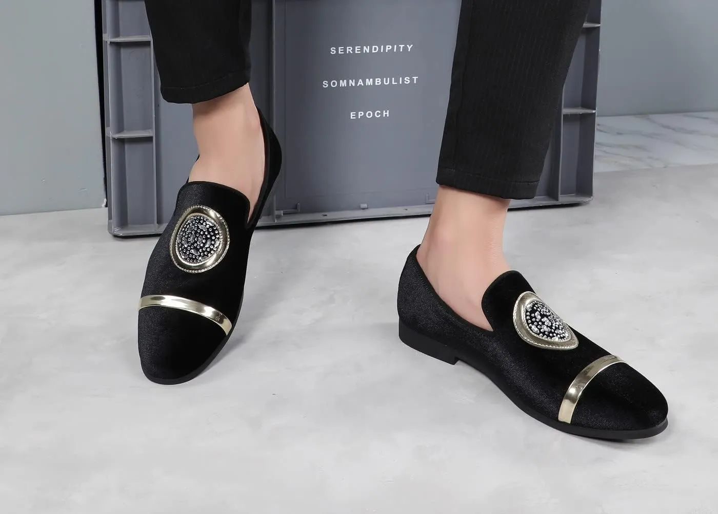 Santimon Men's Velvet Loafers Slip On Flat Dress Wedding Evening Formal Shoes