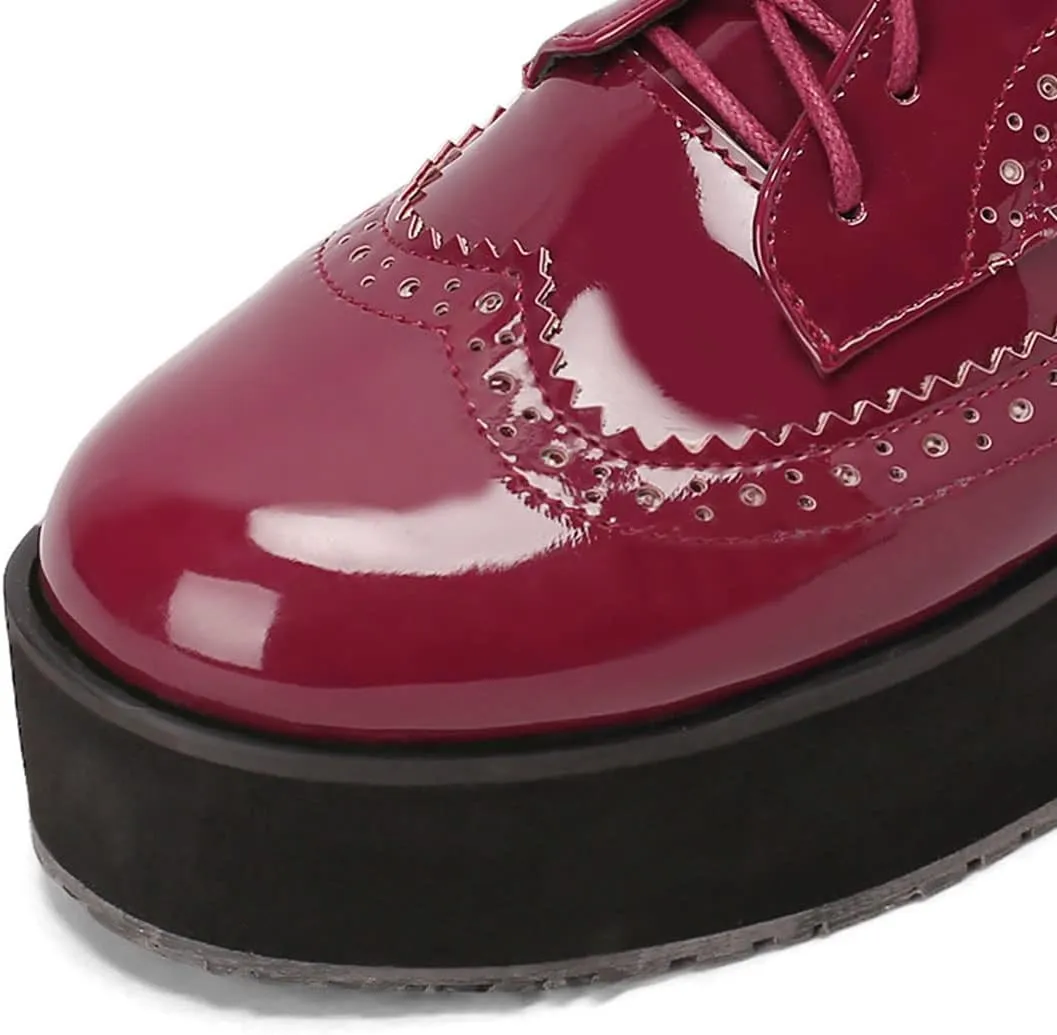 SHEMEE Women's Patent Leather Wedge Heel Platform Oxfords Pumps Wingtip Lace Up Round Toe Brogues Sneaker Shoes