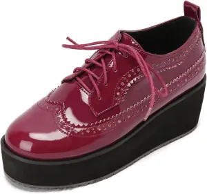 SHEMEE Women's Patent Leather Wedge Heel Platform Oxfords Pumps Wingtip Lace Up Round Toe Brogues Sneaker Shoes