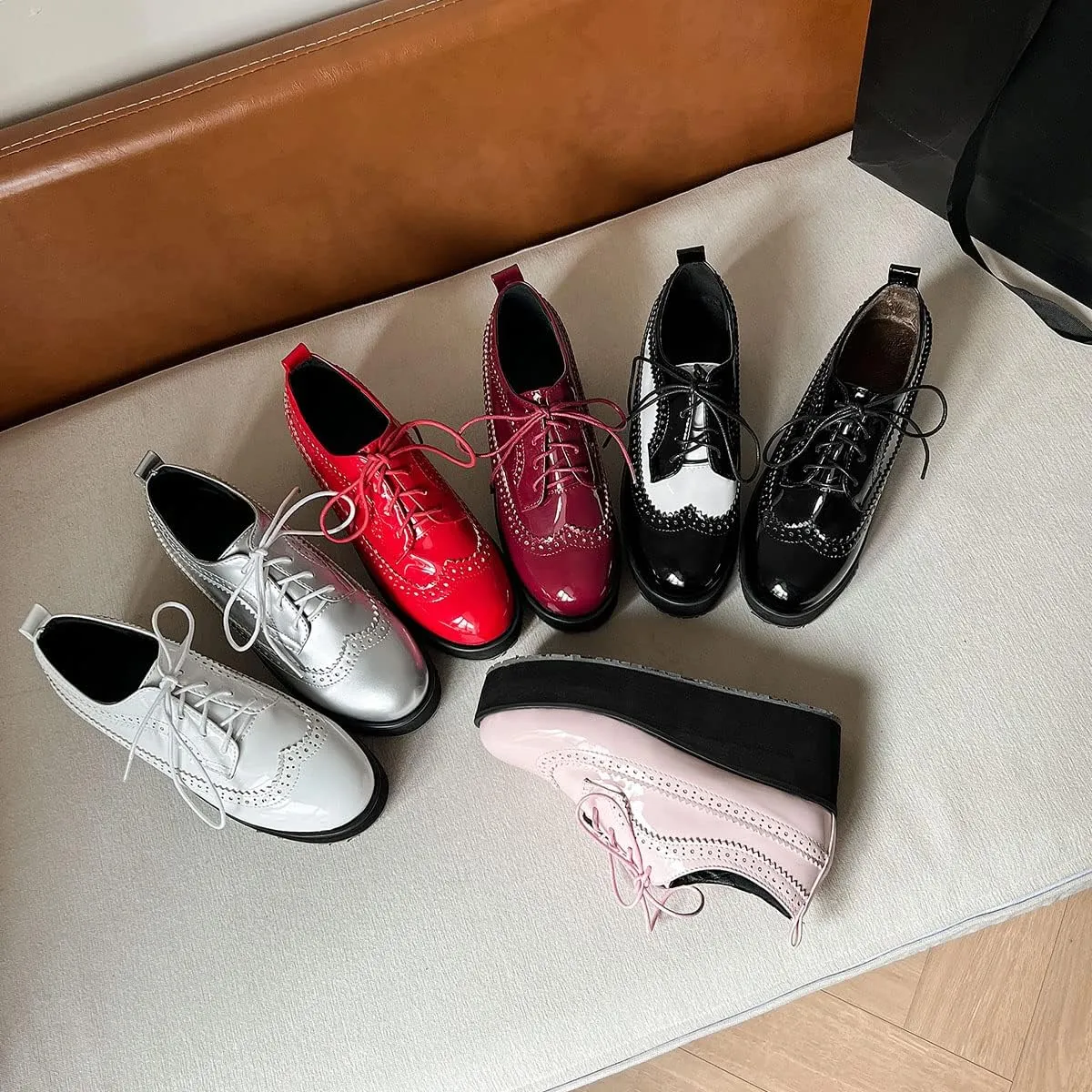 SHEMEE Women's Patent Leather Wedge Heel Platform Oxfords Pumps Wingtip Lace Up Round Toe Brogues Sneaker Shoes