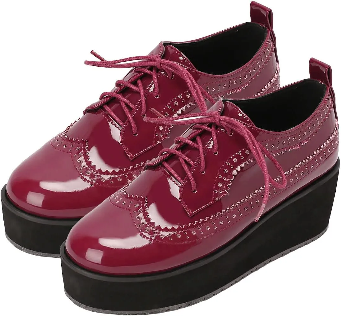 SHEMEE Women's Patent Leather Wedge Heel Platform Oxfords Pumps Wingtip Lace Up Round Toe Brogues Sneaker Shoes