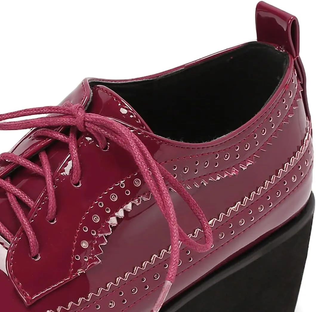 SHEMEE Women's Patent Leather Wedge Heel Platform Oxfords Pumps Wingtip Lace Up Round Toe Brogues Sneaker Shoes