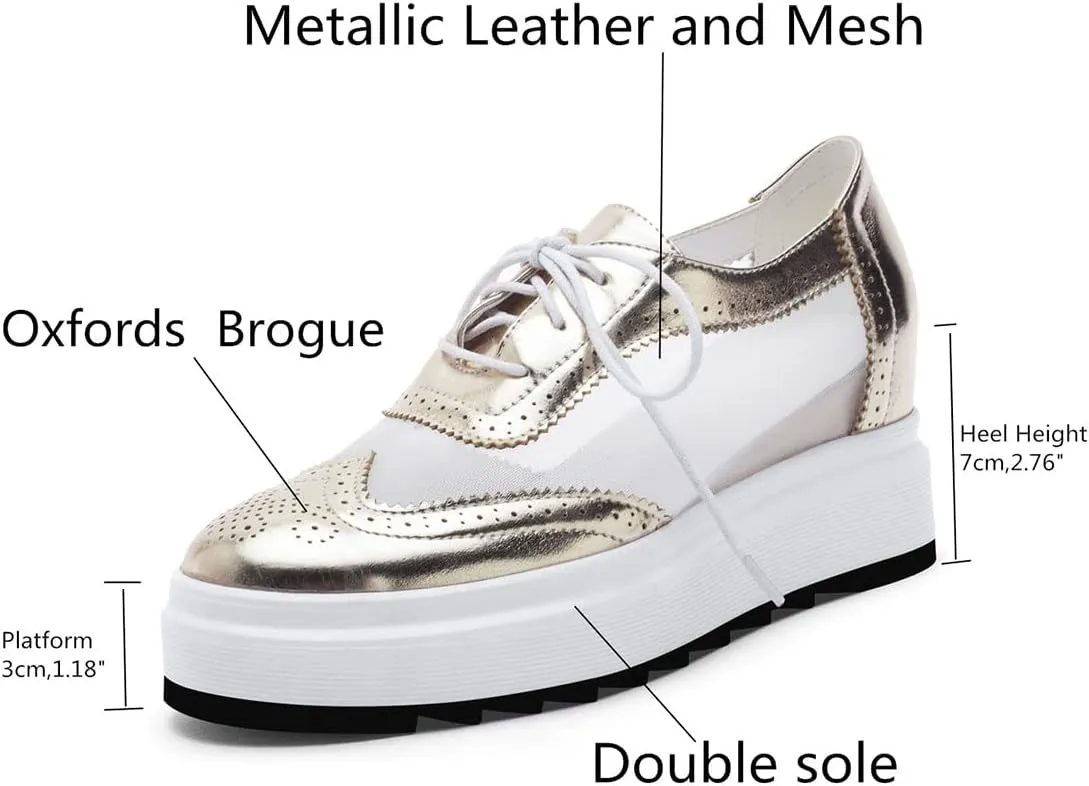 SHEMEE Women's Platform Hidden Wedge Lace Up Oxfords Pumps Wingtip High Heels Round Toe Mesh Brogues Sneaker Shoes