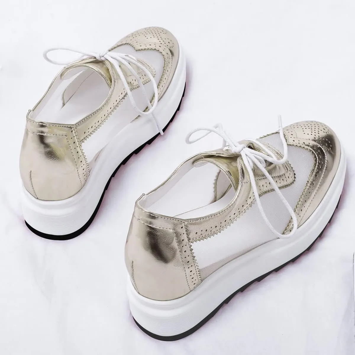 SHEMEE Women's Platform Hidden Wedge Lace Up Oxfords Pumps Wingtip High Heels Round Toe Mesh Brogues Sneaker Shoes
