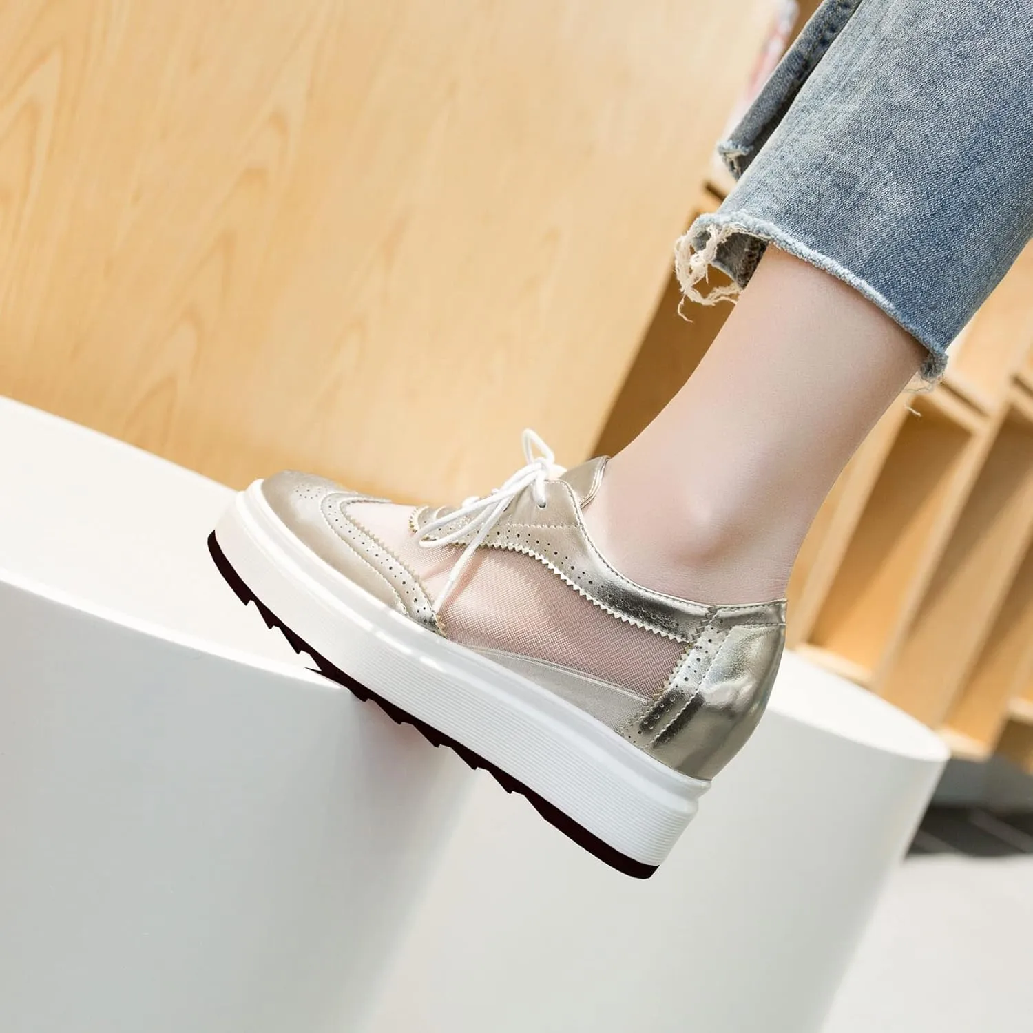 SHEMEE Women's Platform Hidden Wedge Lace Up Oxfords Pumps Wingtip High Heels Round Toe Mesh Brogues Sneaker Shoes