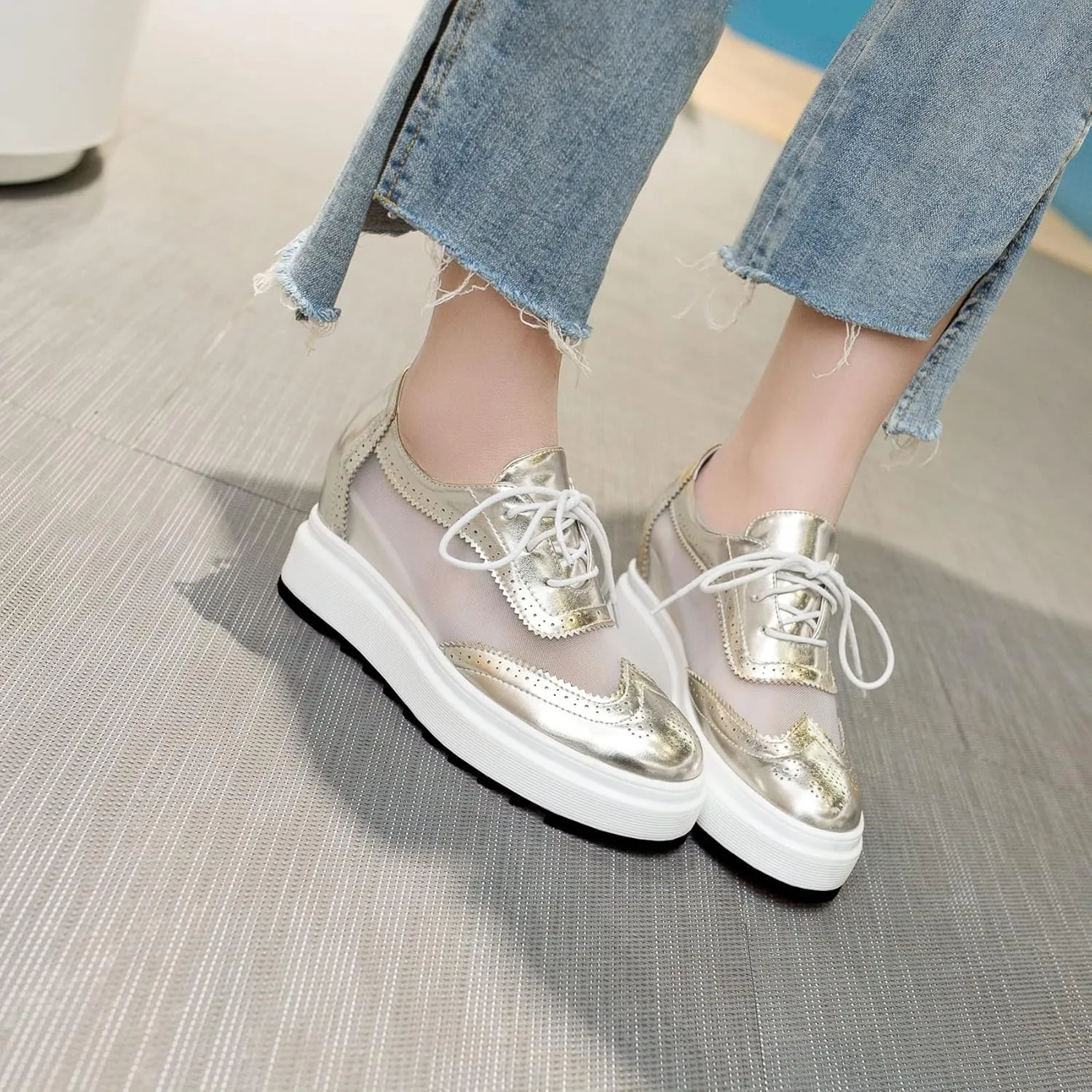 SHEMEE Women's Platform Hidden Wedge Lace Up Oxfords Pumps Wingtip High Heels Round Toe Mesh Brogues Sneaker Shoes