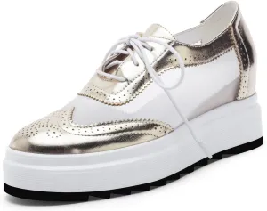 SHEMEE Women's Platform Hidden Wedge Lace Up Oxfords Pumps Wingtip High Heels Round Toe Mesh Brogues Sneaker Shoes