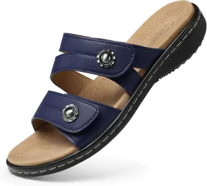 SHIBEVER Flat Sandals Women Dressy: Walking Comfortable - Arch Support Plantar Fasciitis Slides Sandals - Navy Blue Summer Sandal Size 8