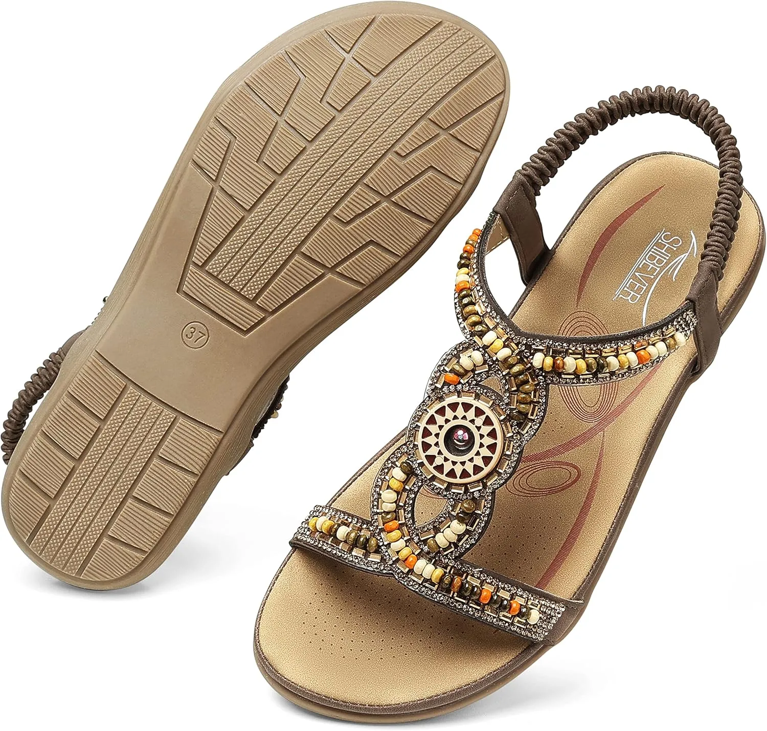SHIBEVER Womens Flat Sandals Elastic Ankle Strap Sandals Dressy Casual Summer