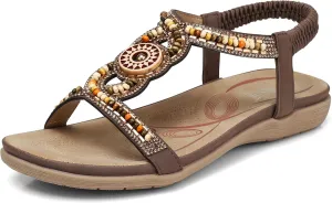 SHIBEVER Womens Flat Sandals Elastic Ankle Strap Sandals Dressy Casual Summer
