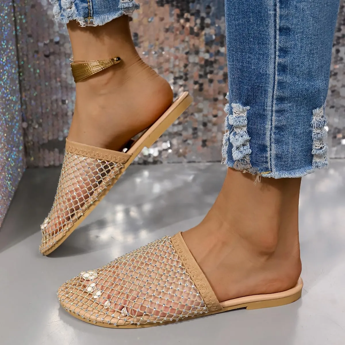 Shiny Rhinestone Mesh Flats, Bling Sandals for Women, Glittery Stretchy Net slipper Women Ultra Comfortable Shiny Gem Mesh Flats Sparkle slipper Toe Casual Slingback Flat slipper