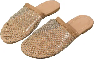 Shiny Rhinestone Mesh Flats, Bling Sandals for Women, Glittery Stretchy Net slipper Women Ultra Comfortable Shiny Gem Mesh Flats Sparkle slipper Toe Casual Slingback Flat slipper
