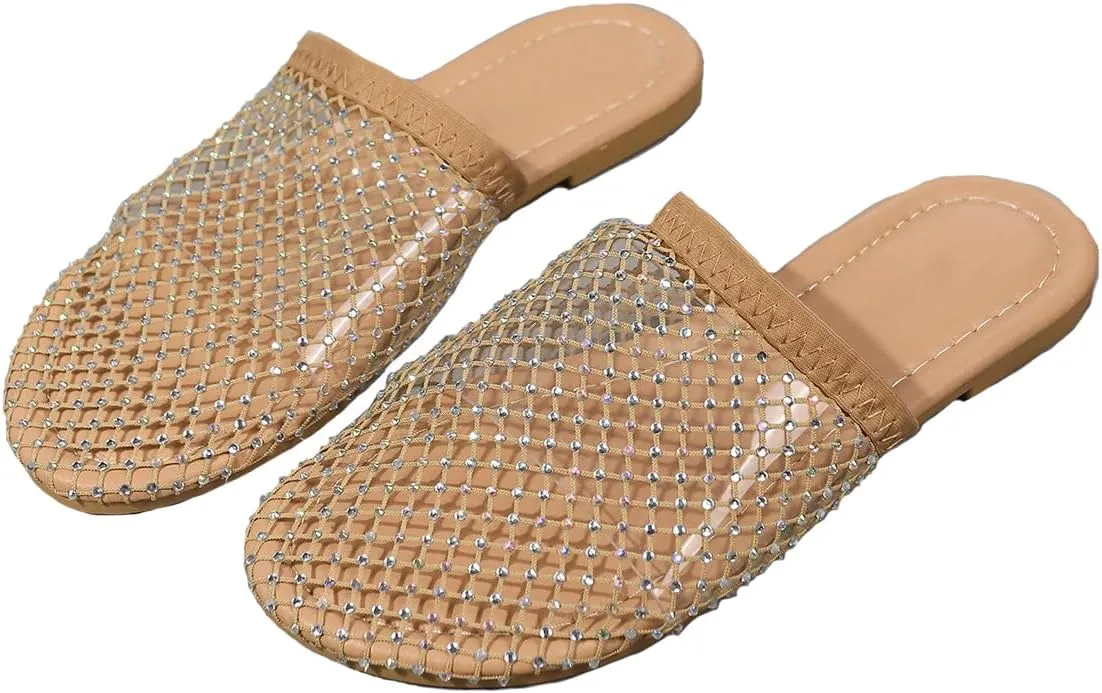 Shiny Rhinestone Mesh Flats, Bling Sandals for Women, Glittery Stretchy Net slipper Women Ultra Comfortable Shiny Gem Mesh Flats Sparkle slipper Toe Casual Slingback Flat slipper