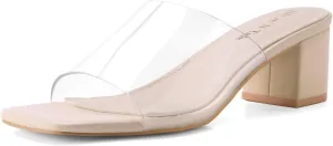 Shoe'N Tale Heeled Sandals For Women Square Open Toe Heeled Mules Chunky Block Low Heel Slip On Slides