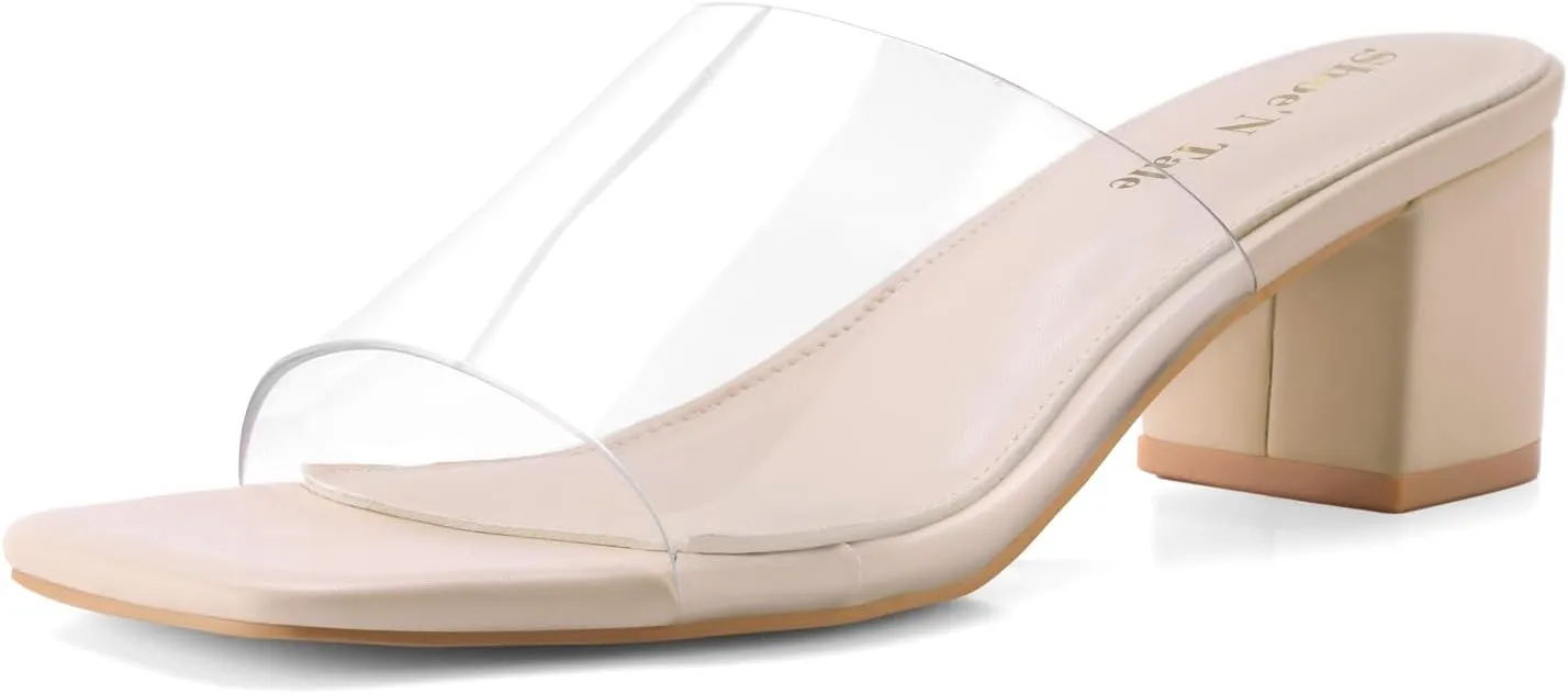 Shoe'N Tale Heeled Sandals For Women Square Open Toe Heeled Mules Chunky Block Low Heel Slip On Slides
