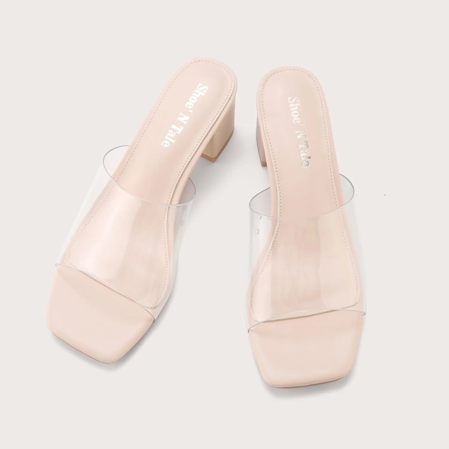 Shoe'N Tale Heeled Sandals For Women Square Open Toe Heeled Mules Chunky Block Low Heel Slip On Slides