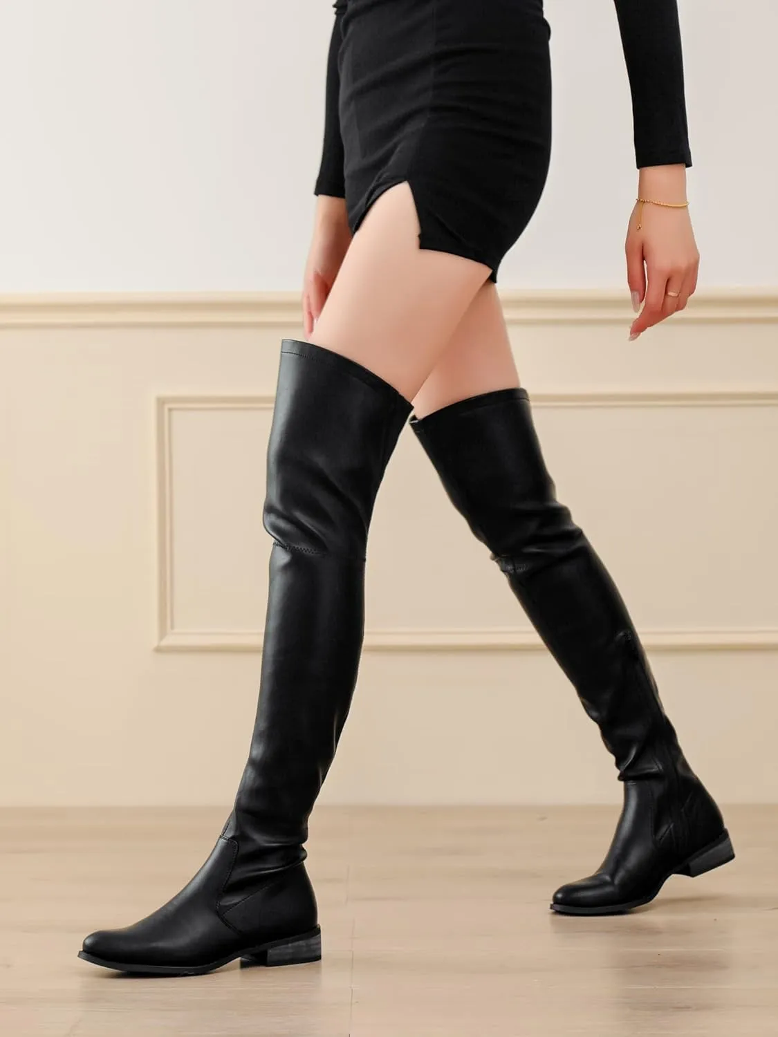 Shoe'N Tale Women's Over The Knee Boots Thigh High Low Block Heel Pointed Toe Long Stretch Boots