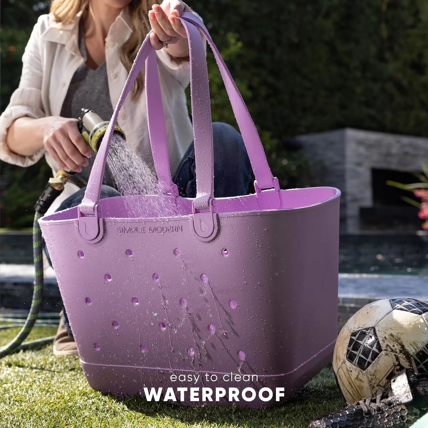 Simple Modern Medium Beach Bag | Waterproof Getaway Rubber Tote with Zipper Pocket for Travel, Pool, Boat, Groceries, Sports | Cream
