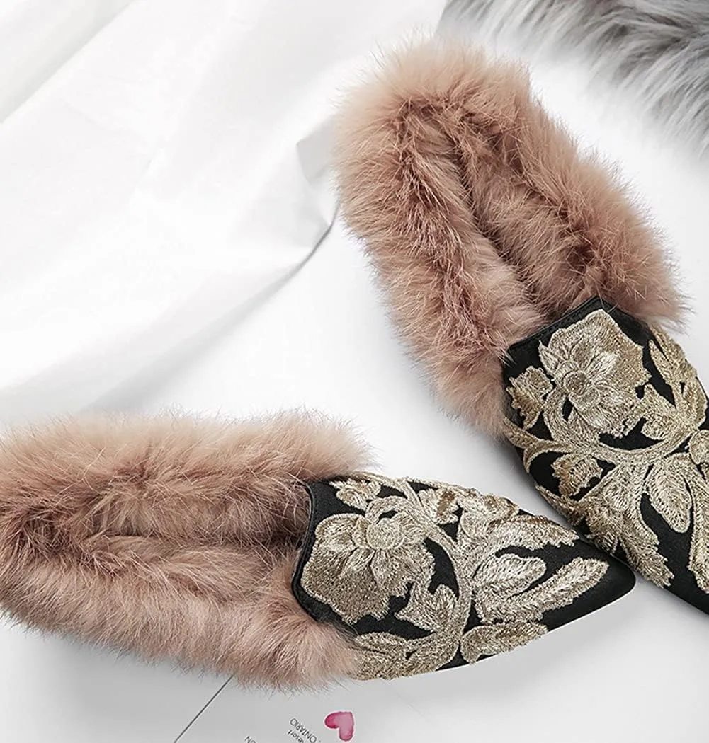 Slip On Loafers, Womens Embroidery Mule Shoes with Plush Lamb Fur Velvet Backless Pointed Toe Mule Slide