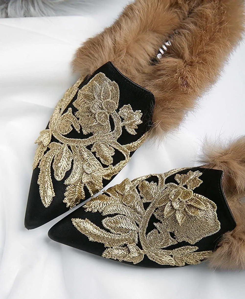 Slip On Loafers, Womens Embroidery Mule Shoes with Plush Lamb Fur Velvet Backless Pointed Toe Mule Slide