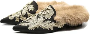 Slip On Loafers, Womens Embroidery Mule Shoes with Plush Lamb Fur Velvet Backless Pointed Toe Mule Slide