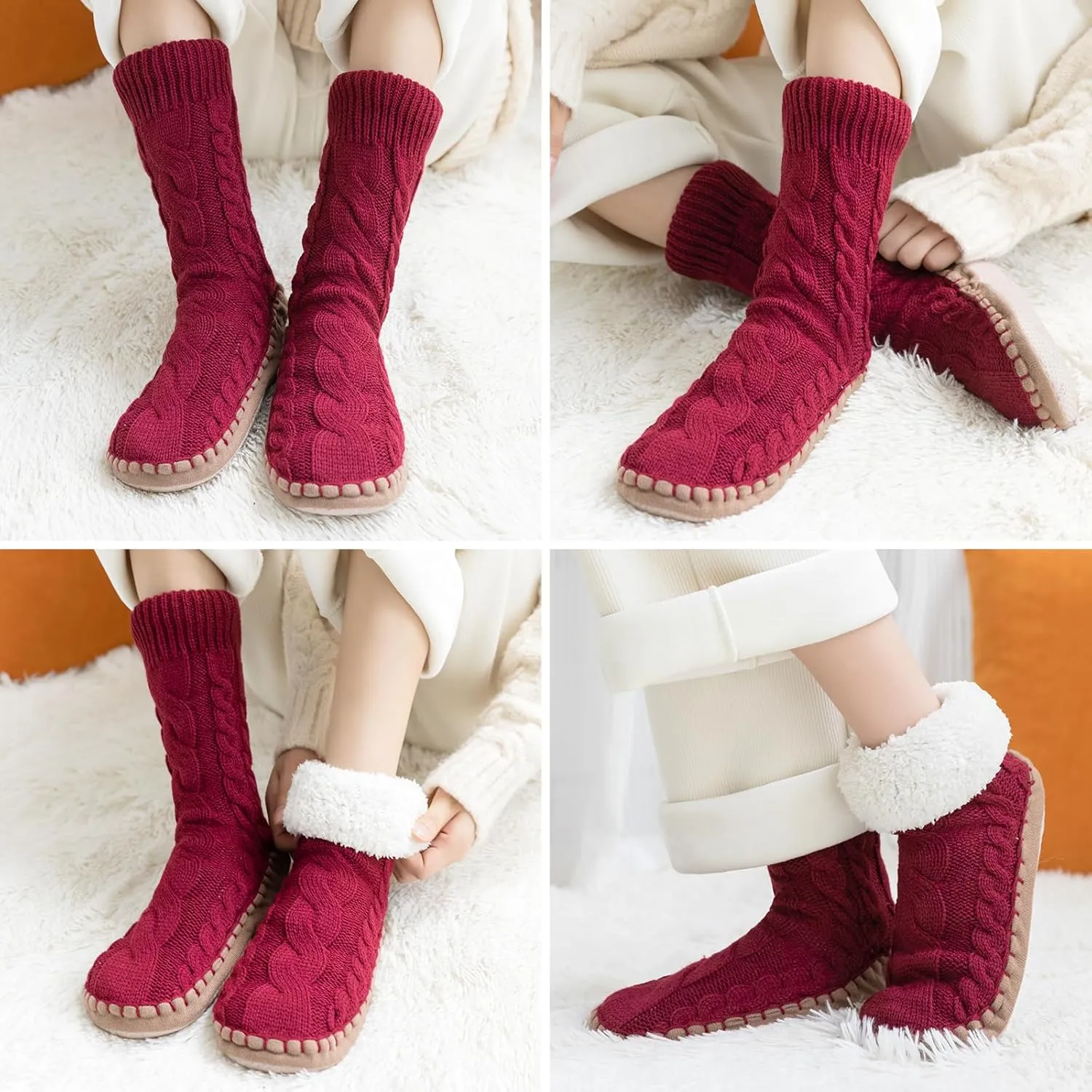 Slipper Socks for Women Grippers, Black Thick Lined Knit Slipper Sock With Sole Non Skid Bottom, Indoor House Fuzzy Slipper Sock for Hospital Floor, Christmas Slipper Socks for Family, Large Size 9-11
