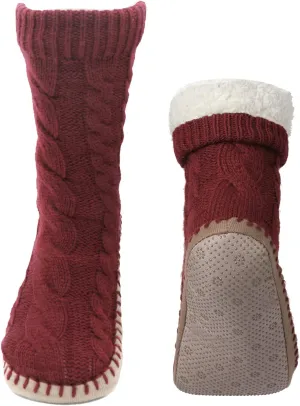 Slipper Socks for Women Grippers, Black Thick Lined Knit Slipper Sock With Sole Non Skid Bottom, Indoor House Fuzzy Slipper Sock for Hospital Floor, Christmas Slipper Socks for Family, Large Size 9-11