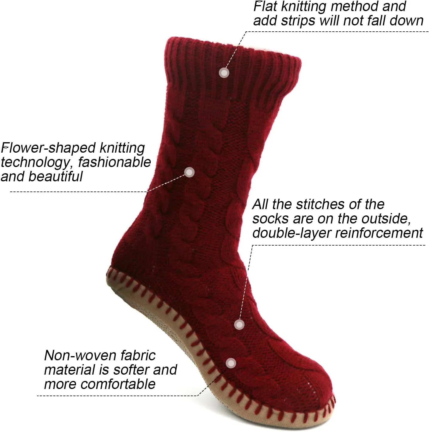 Slipper Socks for Women Grippers, Black Thick Lined Knit Slipper Sock With Sole Non Skid Bottom, Indoor House Fuzzy Slipper Sock for Hospital Floor, Christmas Slipper Socks for Family, Large Size 9-11