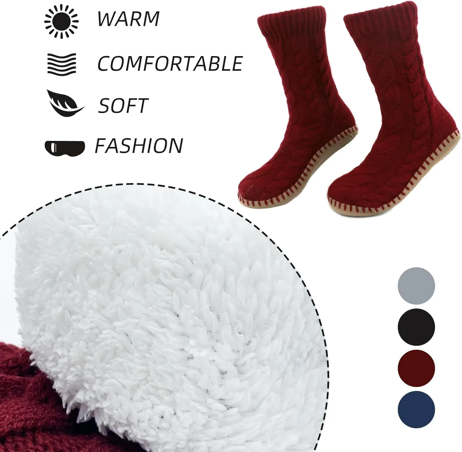 Slipper Socks for Women Grippers, Black Thick Lined Knit Slipper Sock With Sole Non Skid Bottom, Indoor House Fuzzy Slipper Sock for Hospital Floor, Christmas Slipper Socks for Family, Large Size 9-11