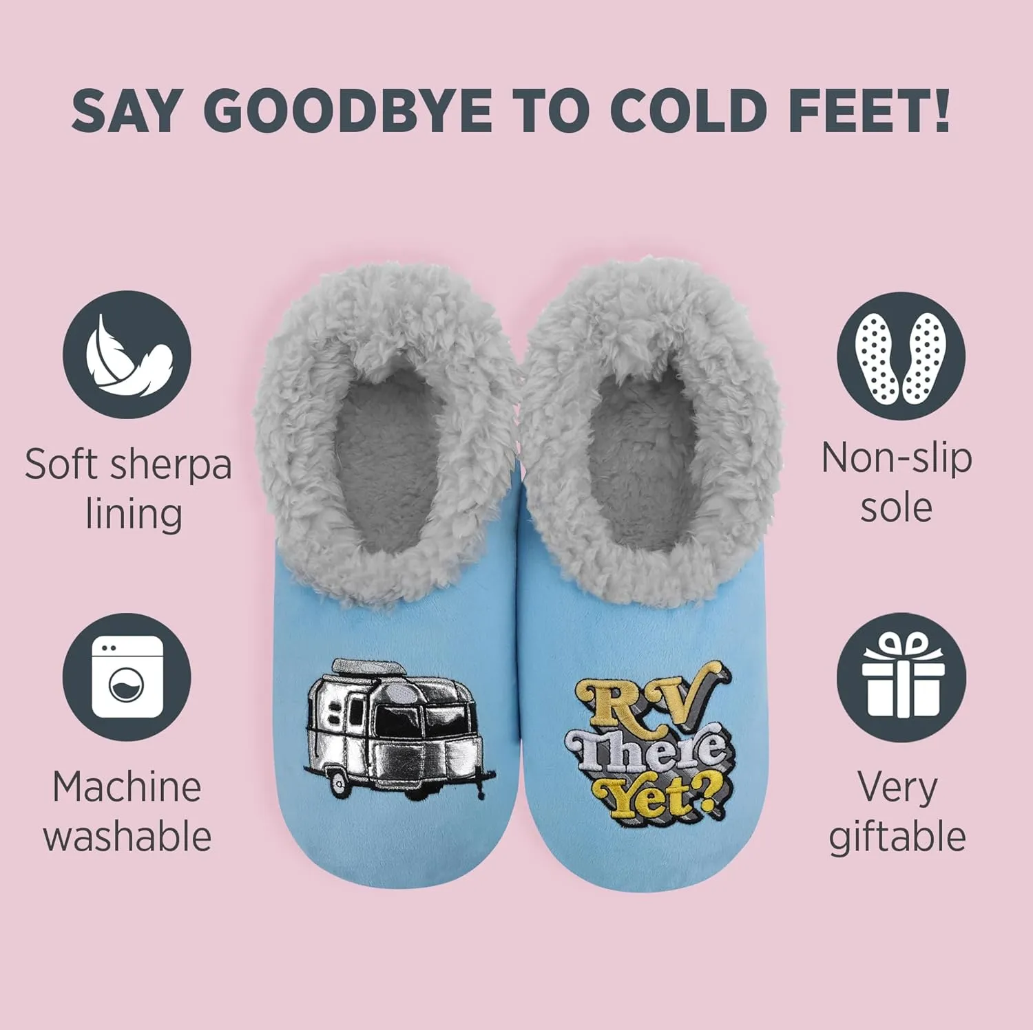 Snoozies Pairable Slipper Socks - Funny House Slippers for Women, Non-Slip Fuzzy Slipper Socks - Happy Camper