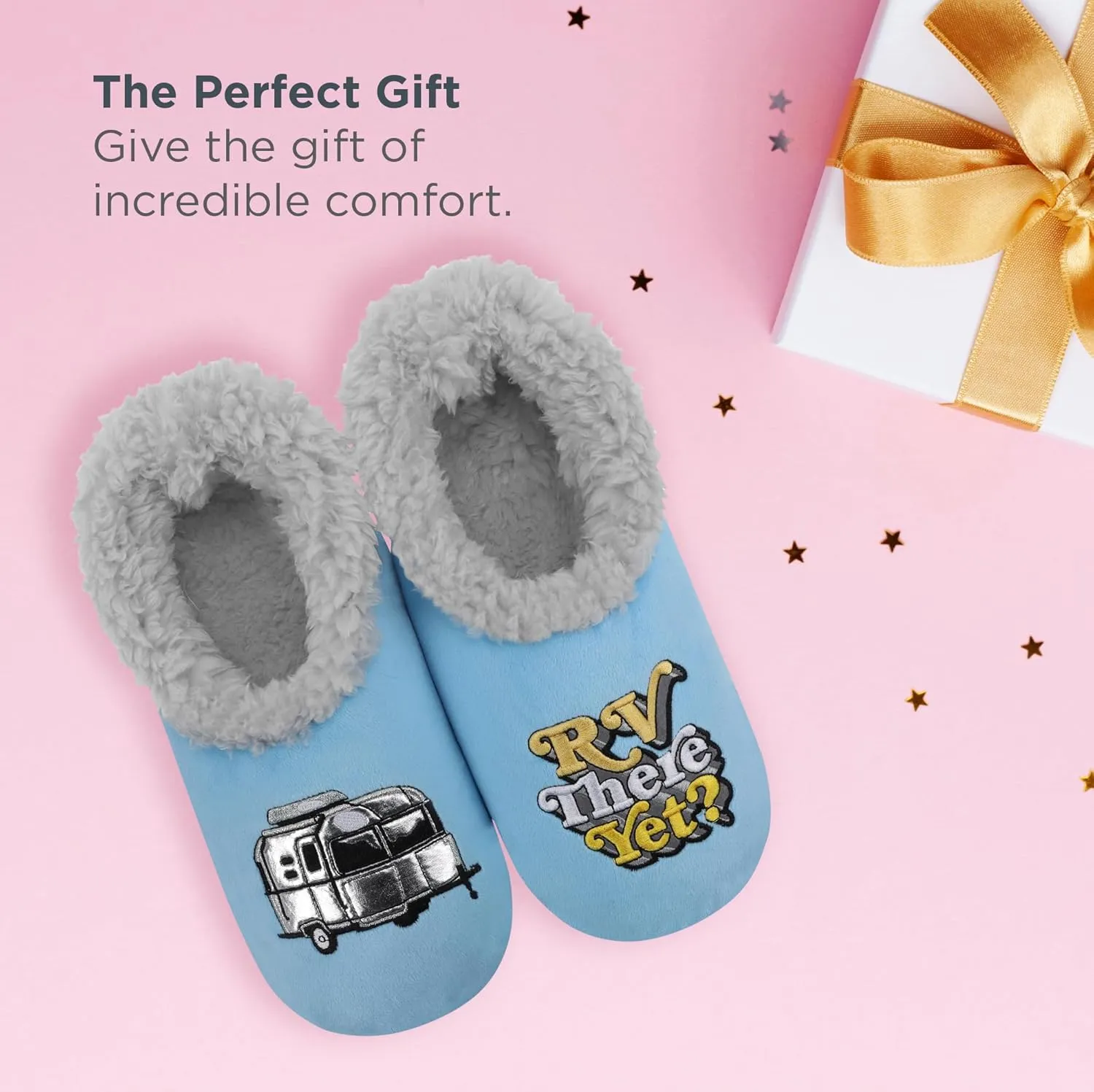 Snoozies Pairable Slipper Socks - Funny House Slippers for Women, Non-Slip Fuzzy Slipper Socks - Happy Camper