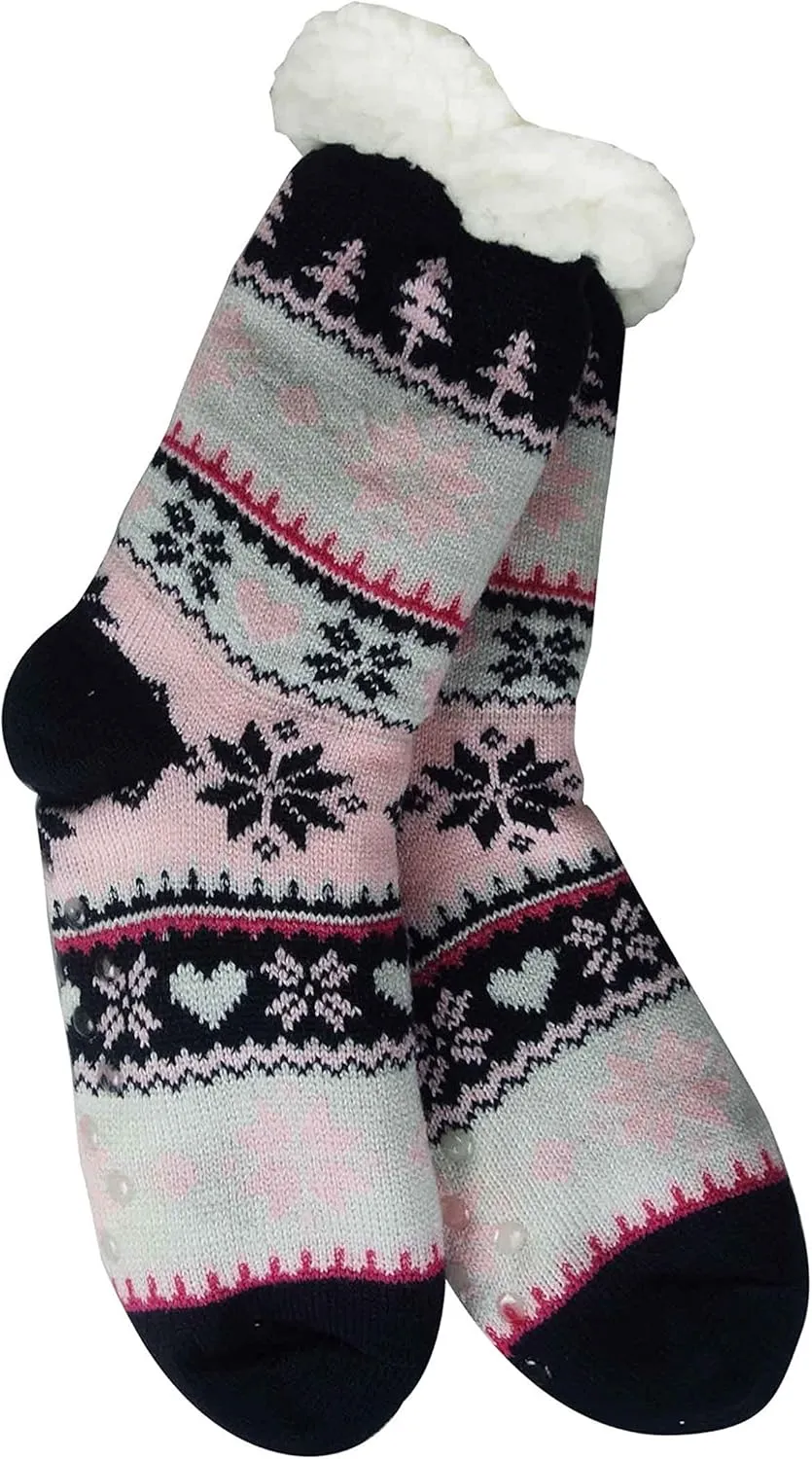 Snowflake Sherpa Thermal Knit Slipper Socks with Non-Slip Grippers