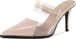 Soireelady Womens Heeled Mules Beaded Sandals Stiletto High Heel Pointed Toe Clear PVC Ankle Strap Dress Shoes 3.5 Inches