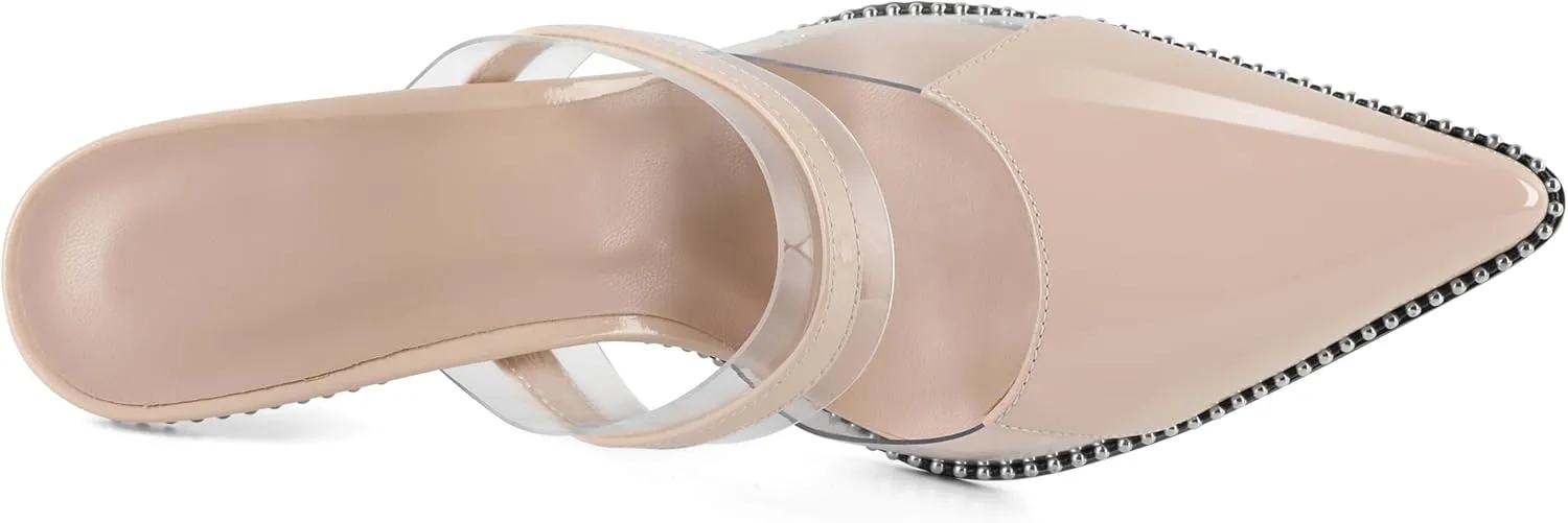 Soireelady Womens Heeled Mules Beaded Sandals Stiletto High Heel Pointed Toe Clear PVC Ankle Strap Dress Shoes 3.5 Inches