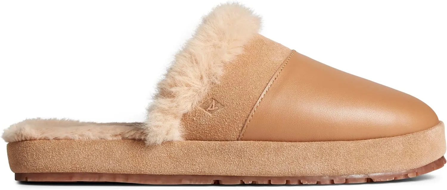 Sperry Women’s Cape May Mule Slipper - Cow Suede Slippers Featuring Full-Grain Leather Upper, Rubber Outsole, and Faux Fur Lining