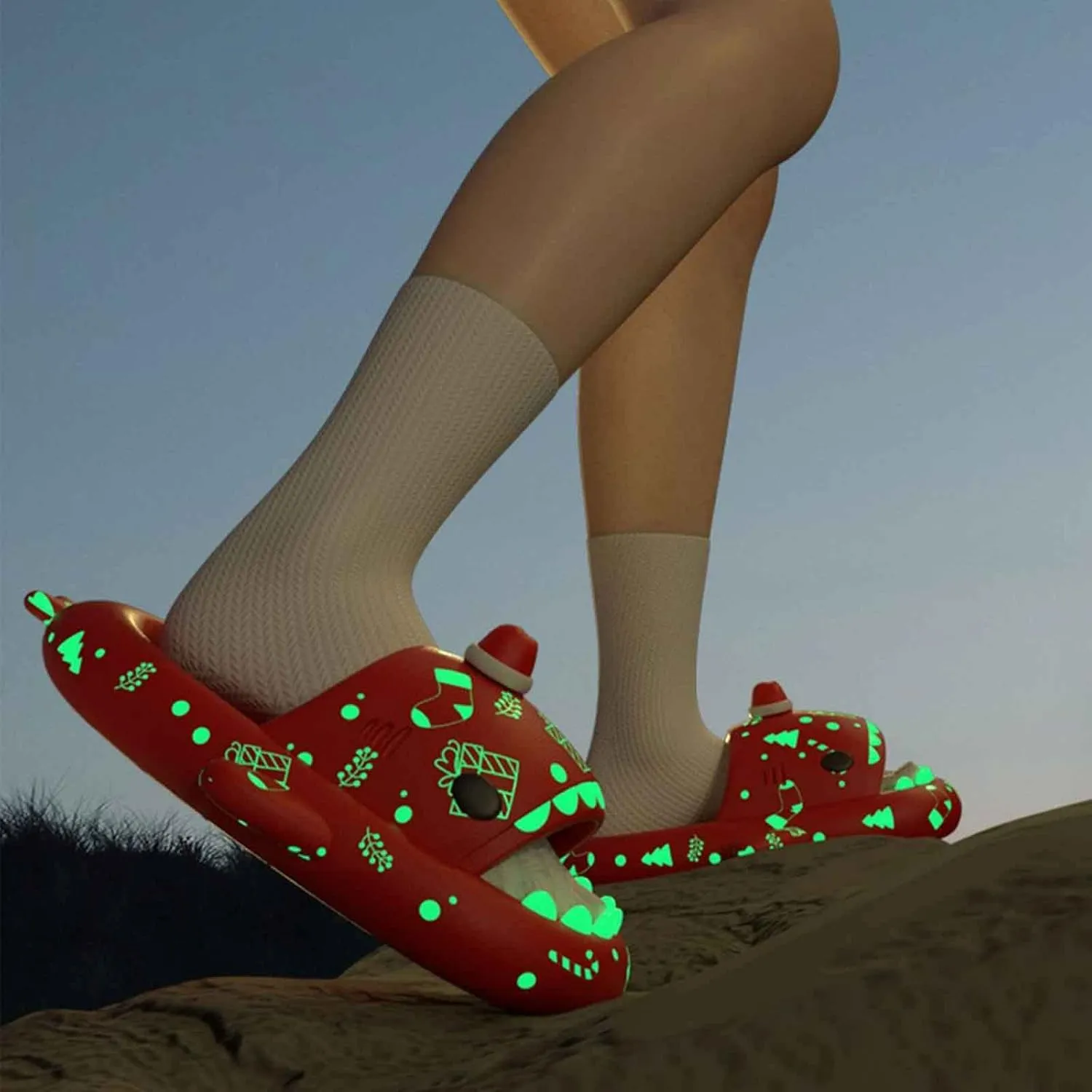 Spooky Shark Slides Glow In The Dark For Men Women, Halloween Christmas Shark Slippers, 3D Cartoon Cloudy Shark Slippers