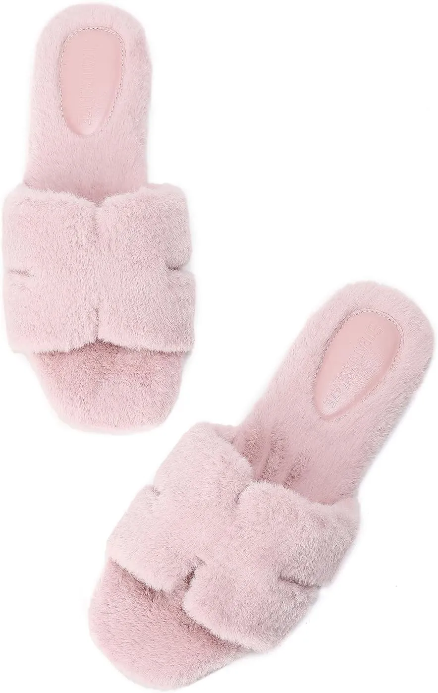 Stratuxx Kaze Womens Fur Slippers Comfy House Slide Sandals Open Toe Memory Foam Indoor Fluffy Slippers for Women