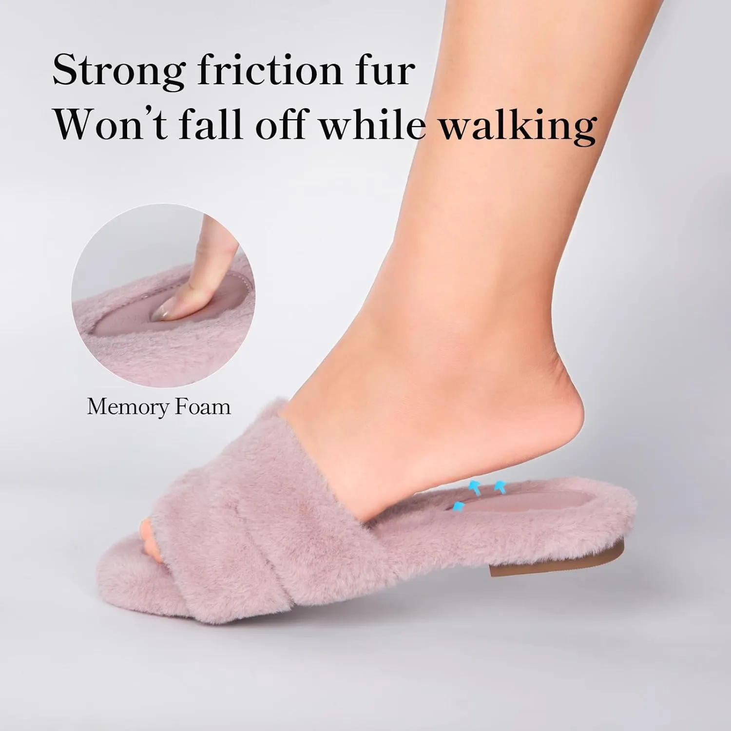 Stratuxx Kaze Womens Fur Slippers Comfy House Slide Sandals Open Toe Memory Foam Indoor Fluffy Slippers for Women